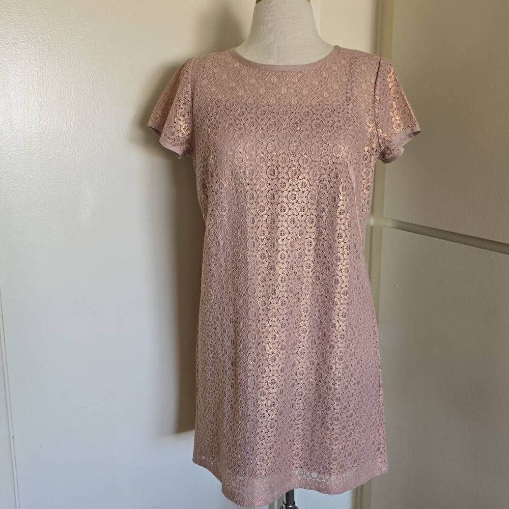 Ann Taylor Loft Shimmer Rose Gold Lace Shift Dress, NWOT, Sz. 4